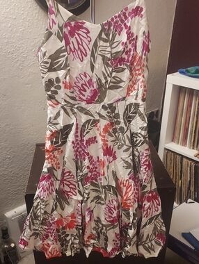 Floral Fit-and-Flare Dress in White with Pink & Orange Blooms